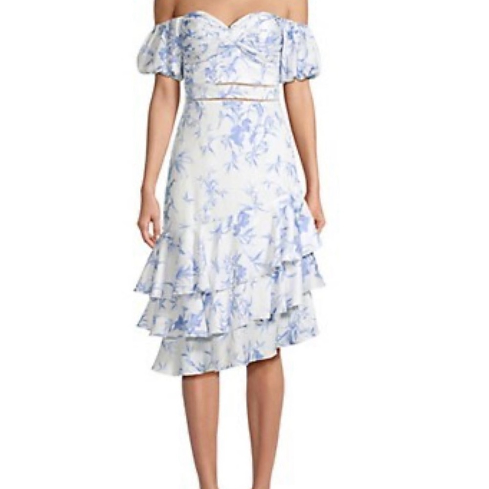 Lipsy Dress US size 10 Printed Crossfront Strapless Tiered Ruffle Midi Dress